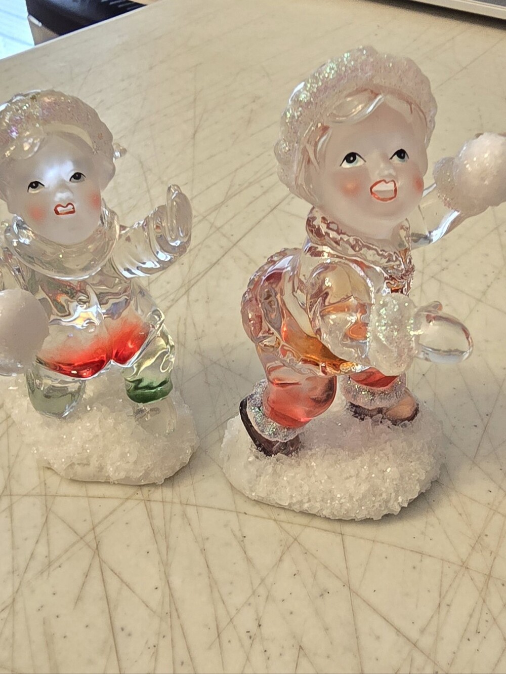 2 Heritage Mint Holiday Ice Sculptures Acrylic Figurines Kids with Snowballs